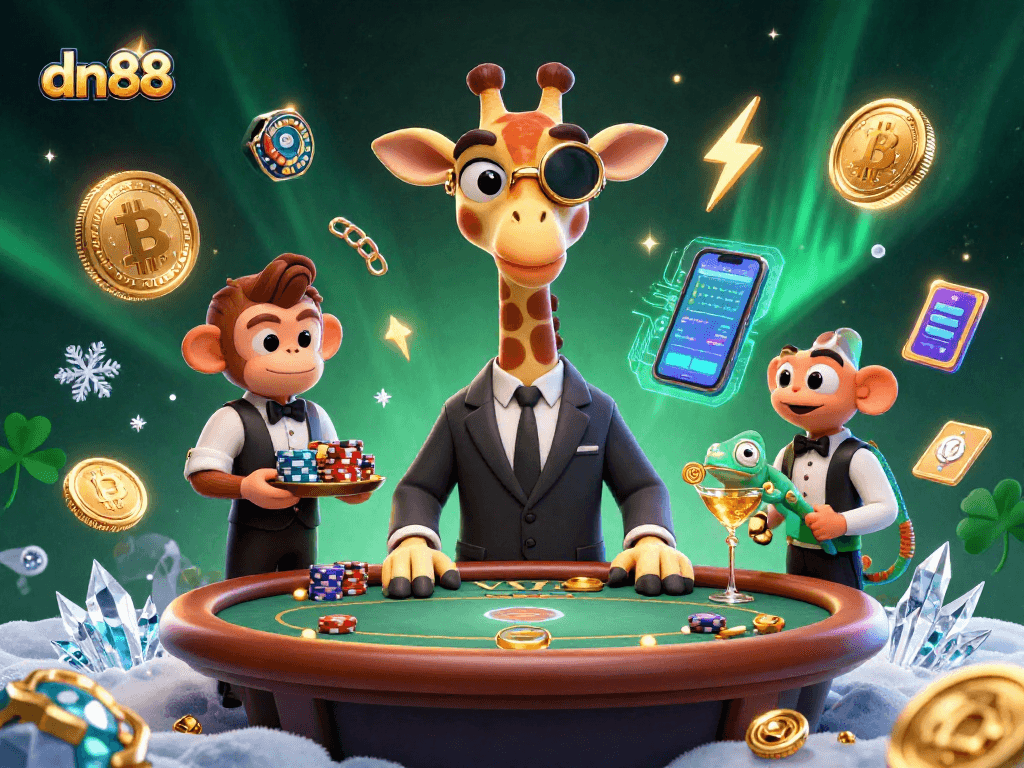 Engage in thrilling gaming at dn88, where a high-roller giraffe and monkey valet enhance the casino experience.