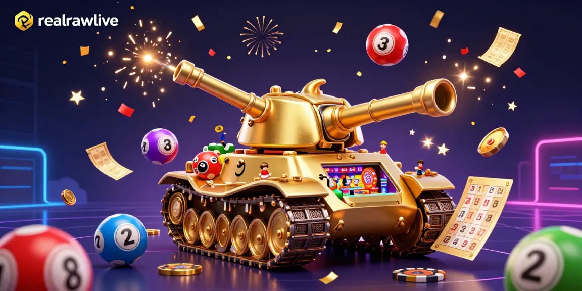 Engage with realrawlive's vibrant gaming atmosphere featuring a golden beetle tank casino amidst colorful lottery excitement.