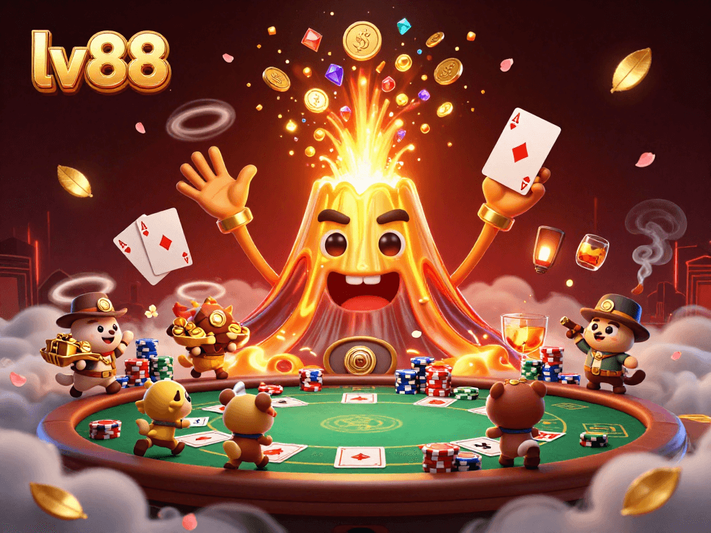 Engage in thrilling adventures with lv 88 exploring vibrant poker scenes featuring treasure-filled volcanoes.