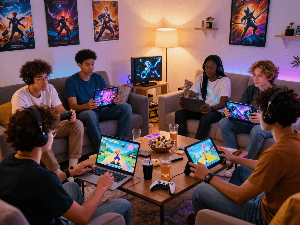 Friends enjoying diverse porn ganes in a cozy living room setting filled with colorful game screens.