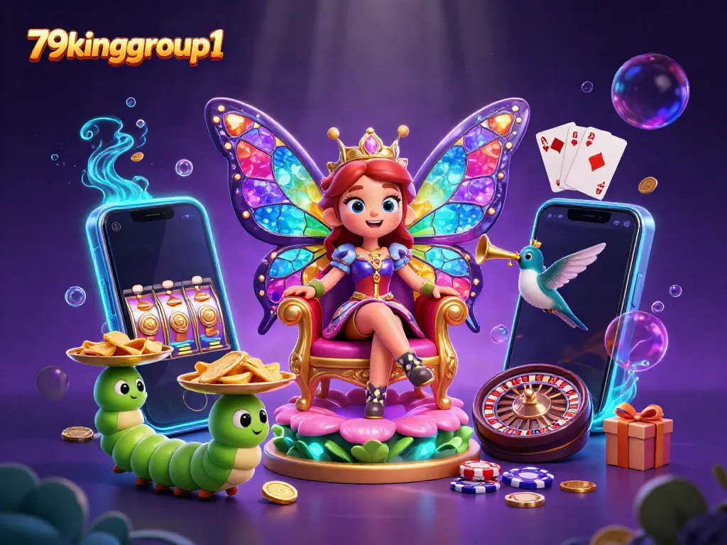 Engage in thrilling gameplay at 79kinggroup1 with stunning 3D visuals showcasing a butterfly queen and casino elements.