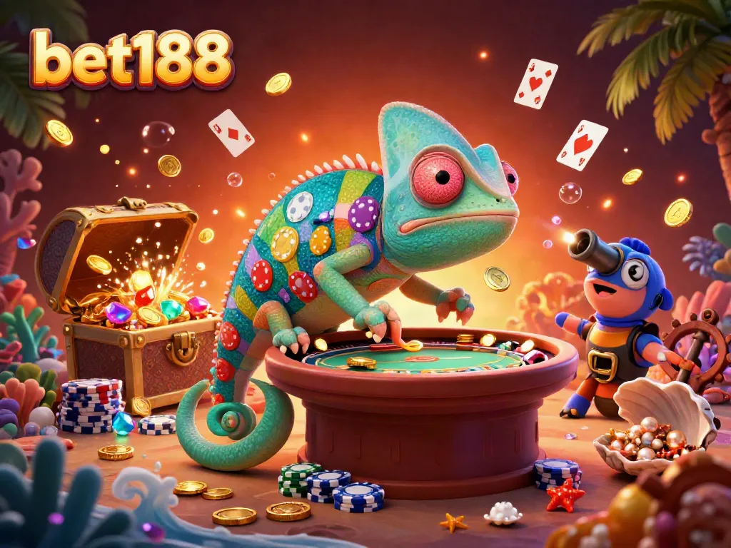 Experience the vibrant bet188 casino world with a chameleon owner amidst colorful treasures.