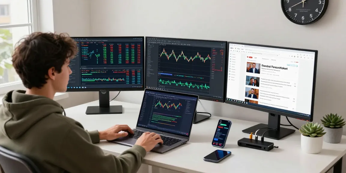 Developer working on agricultural high frequency API in modern forex workspace with multiple monitors and urban view.