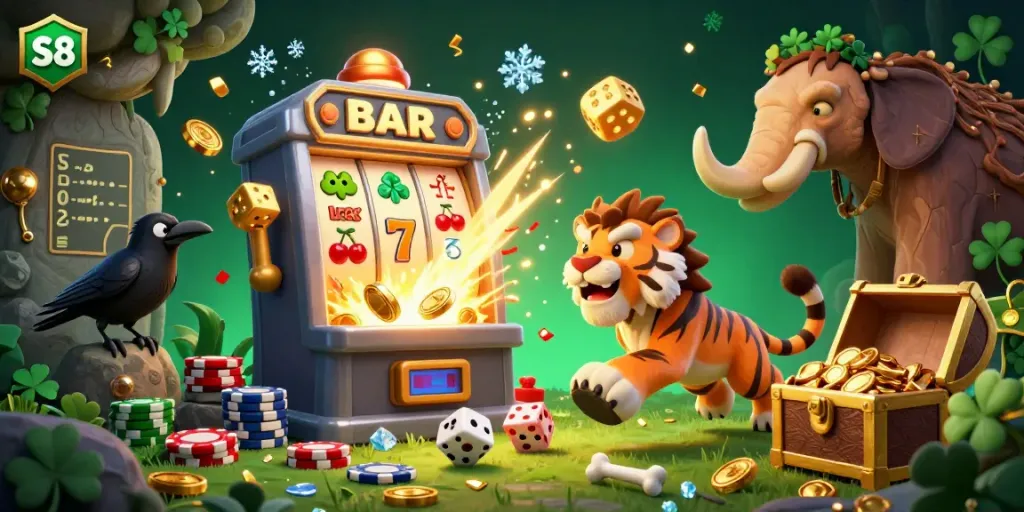 Experience S8's vibrant casino adventure with a 3D caveman, sabertooth tiger, and treasures bursting in a prehistoric setting.
