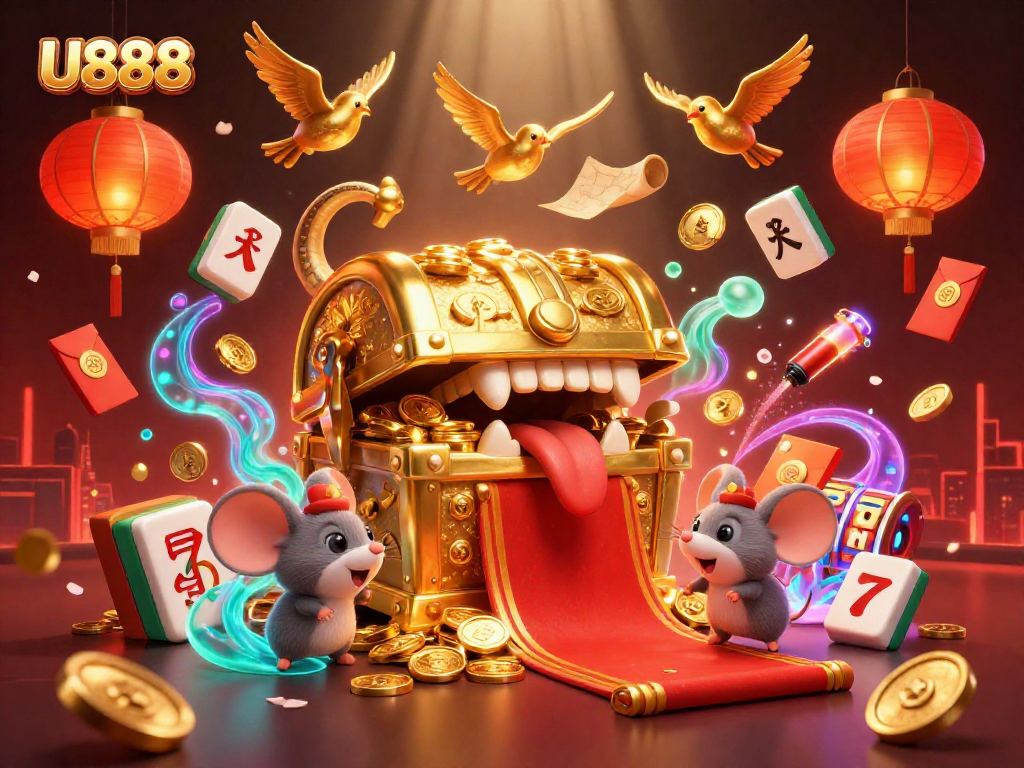Engage with U888's treasure gaming world featuring a golden chest and exciting slot elements.