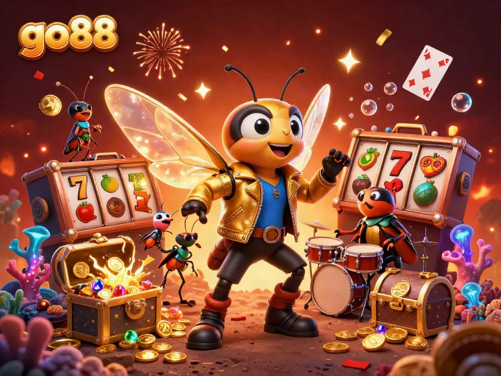 Experience the excitement of go88 with vibrant casino scenes featuring characters amidst gold coins and slot game symbols.