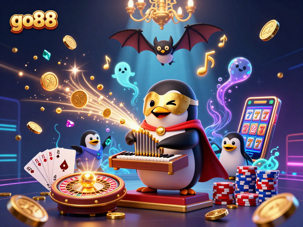 Experience go88's thrilling casino scene with a penguin playing an organ amidst golden coins and sparkling gems.
