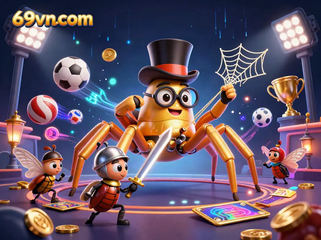 Engaging scene from 69vncom featuring a golden tarantula and heroic beetle knight animatedly interacting among vibrant casino visuals.