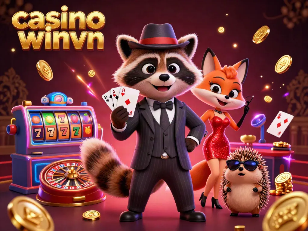 Experience the excitement of casino winvn with a lively raccoon, fox, and hedgehog in a vibrant gaming scene.