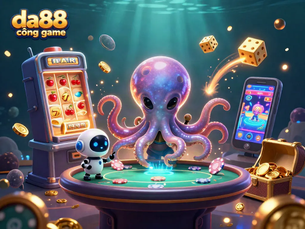Engage with da88 cổng game and win big, featuring an alien octopus at a holographic poker table.