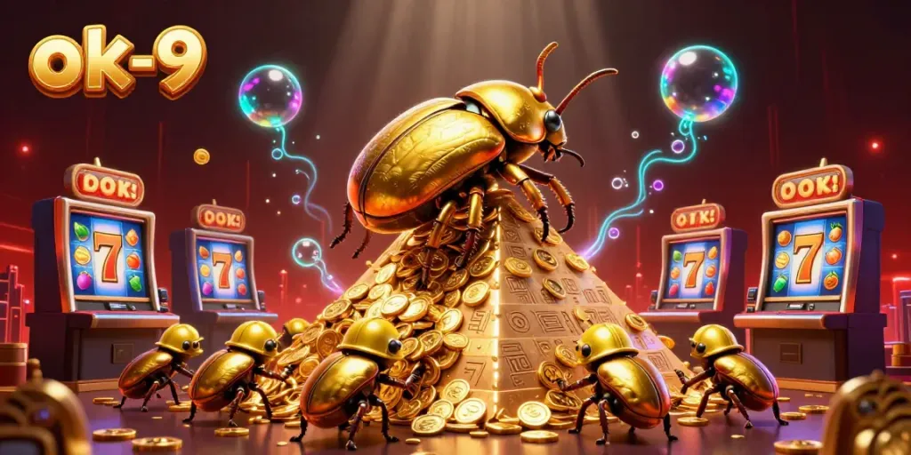 Engage in dynamic gaming action with ok-9 at a vibrant casino scene featuring golden beetles and slot machines.