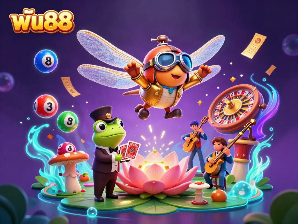 ฟัน88 casino scene with a dragonfly pilot, frog croupier, and vibrant gambling elements.