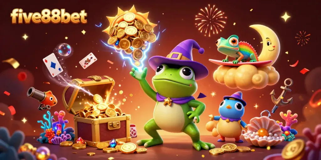 Experience thrilling moments of gaming at five88bet with characters celebrating amidst a storm of riches and excitement.