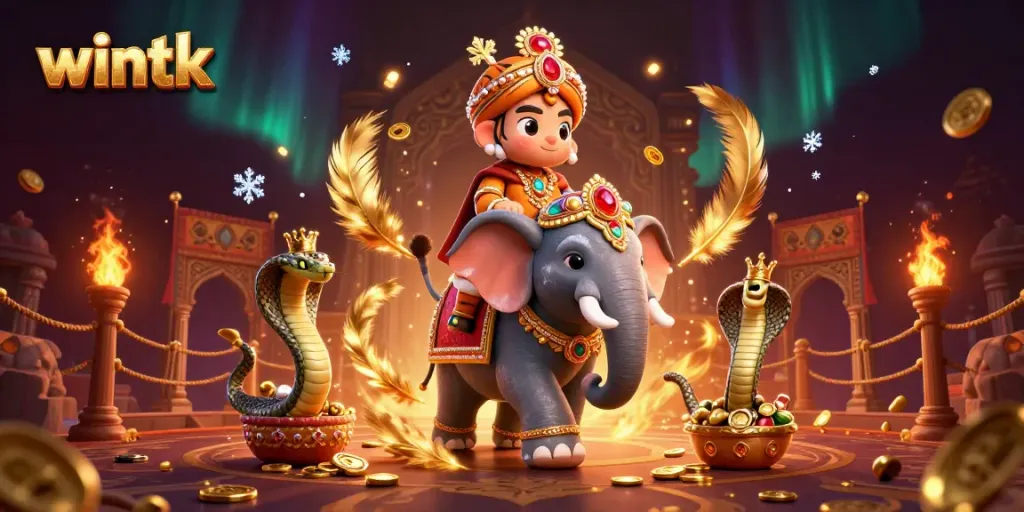 Engage in vivid gaming action at Wintk casino with a maharaja tiger, elephant, and cobra.