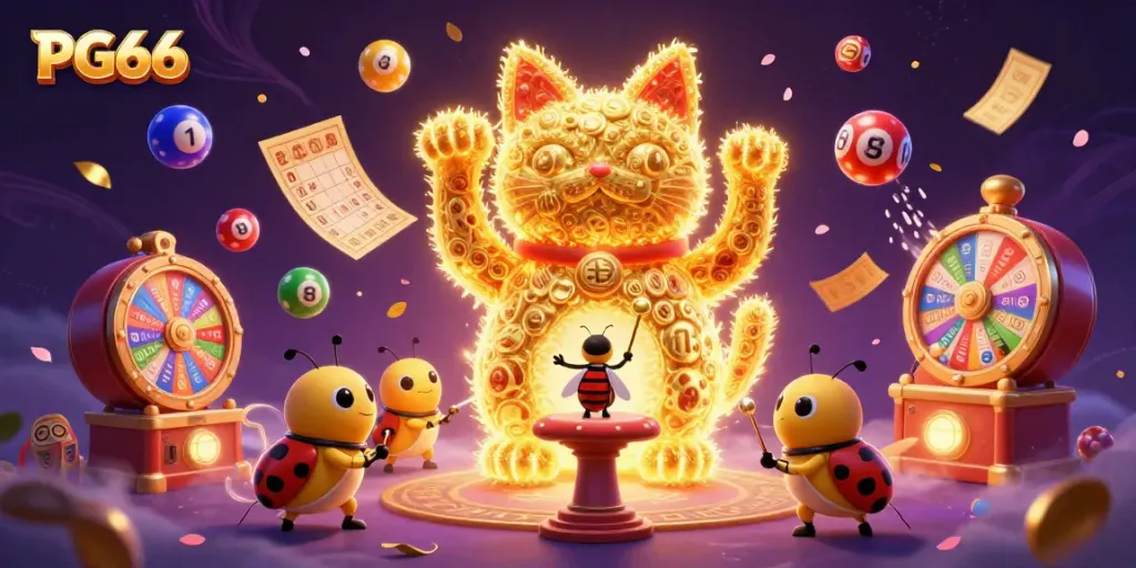Experience PG66's vibrant casino magic with a dynamic visual of a golden lucky cat amidst colorful game elements.