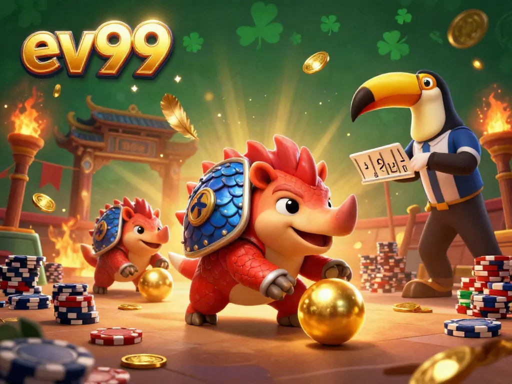 Experience ev99's exciting gaming action with rival pangolins in a vibrant casino atmosphere.