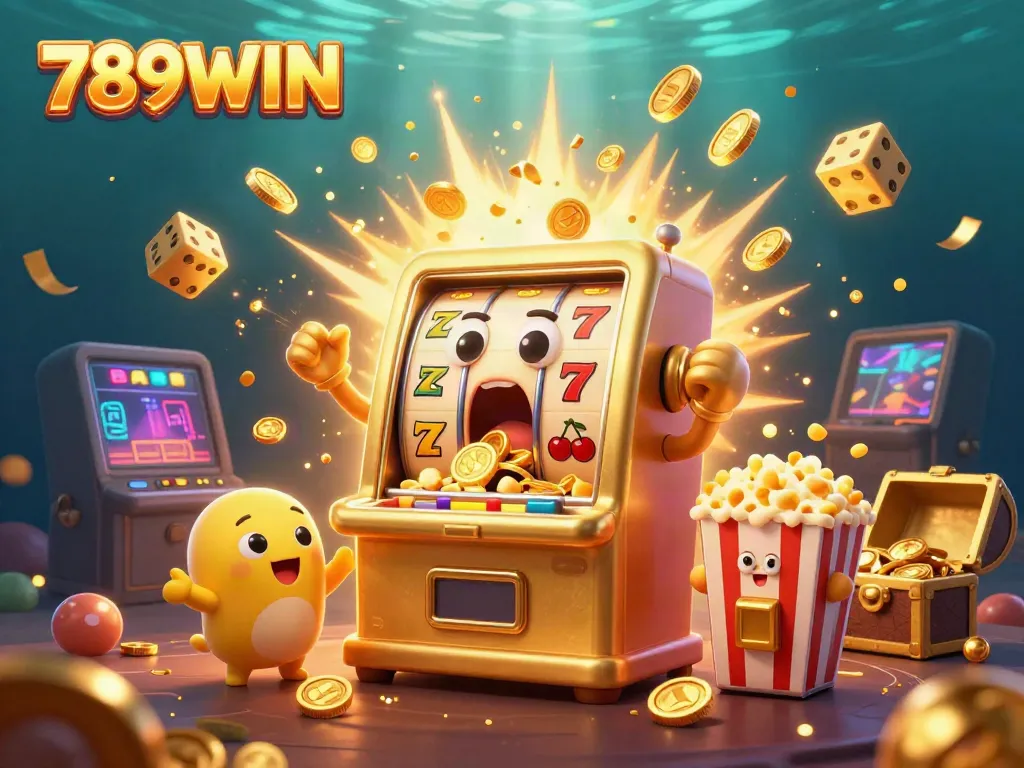 Experience excitement with the 789WIN golden slot machine celebrating a jackpot, surrounded by engaging casino elements.
