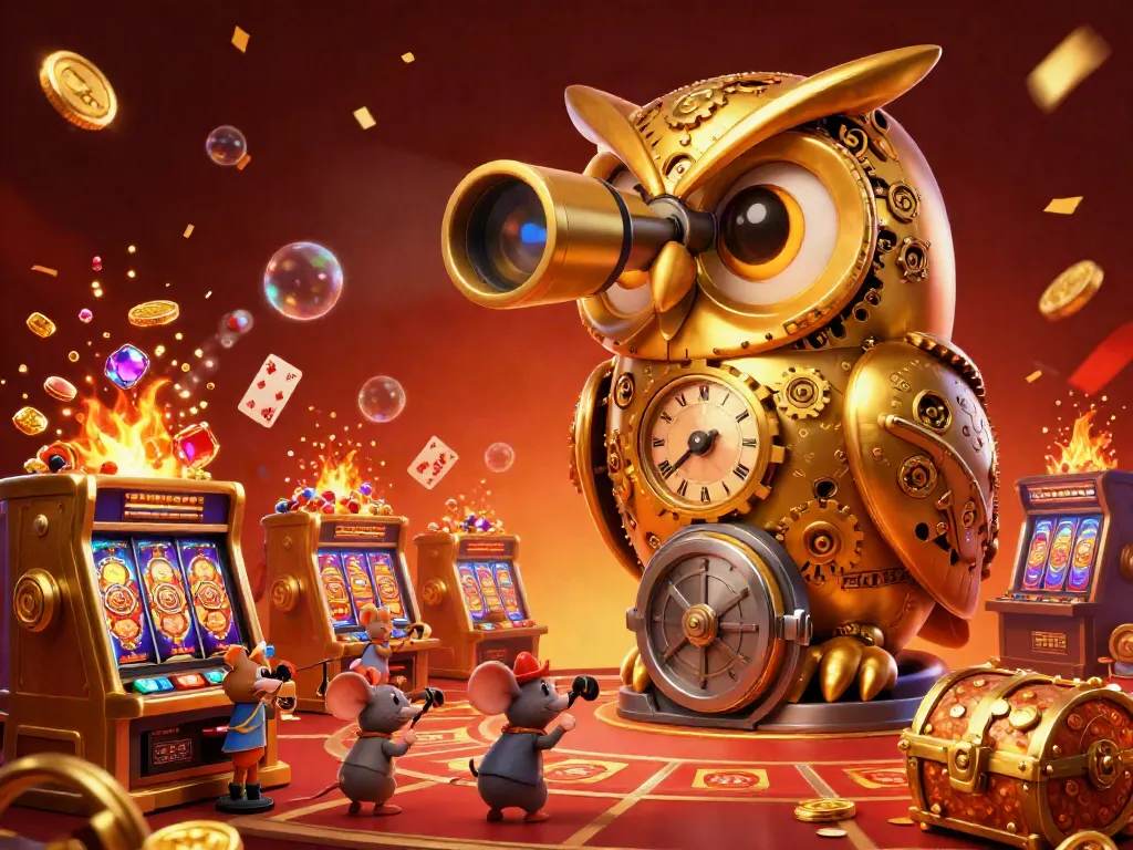 Engage with the vibrant casino scene at da88 featuring an animated golden owl amidst thrilling slot machines.