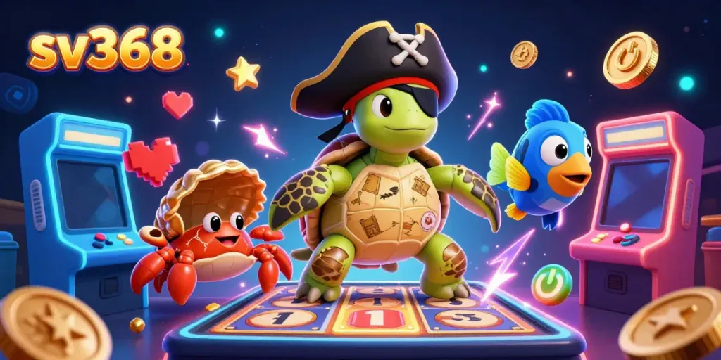 Engage with sv368's thrilling slots featuring a cartoon turtle, crab, and parrotfish above vibrant game scenes.