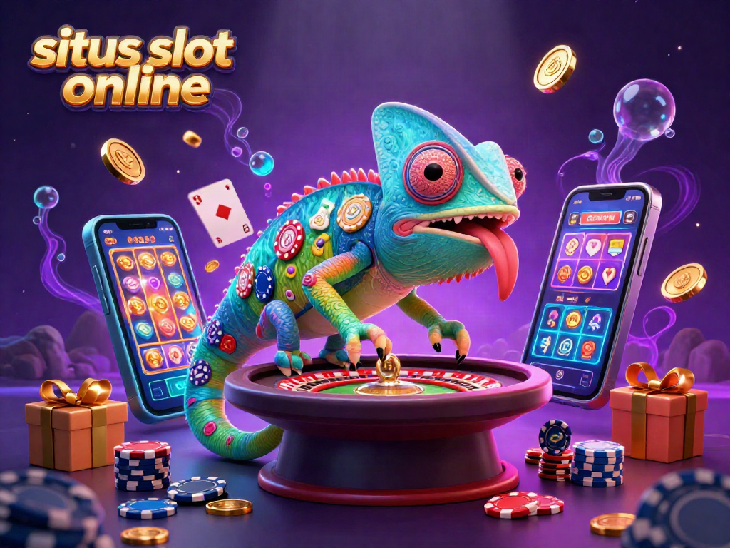 Experience the excitement of situs slot online as golden coins fly amid vibrant casino elements in a colorful 3D scene.