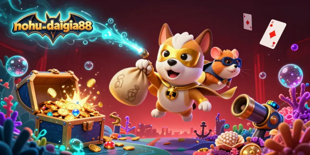 Nohu-daigia88 themed illustration of a superhero dog and hamster winning big with treasure and casino elements.