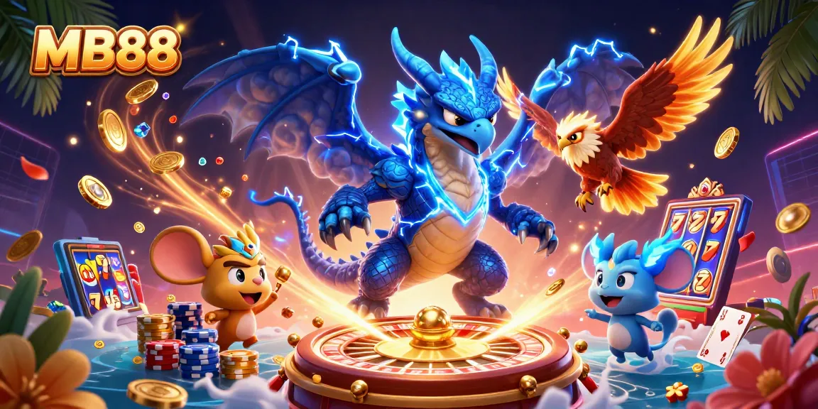 Experience the thrill of MB88 with a vibrant casino scene featuring dynamic characters and game elements.