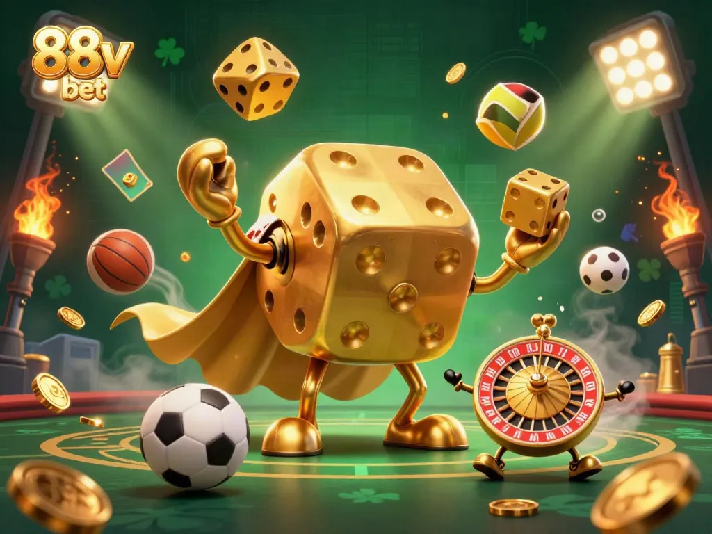 Experience thrilling betting action with 88v bet in a vibrant 3D illustration featuring golden dice and sports elements.