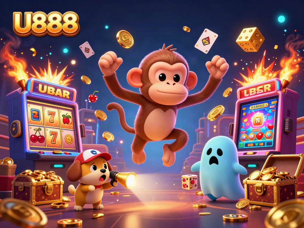 Engage with U888's vibrant online casino scene featuring a playful poltergeist monkey and ghost-hunter puppy.