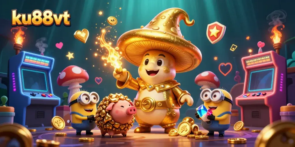 Experience the magic of ku88vt with a whimsical golden mushroom wizard turning treasures into gold in this dynamic casino scene.