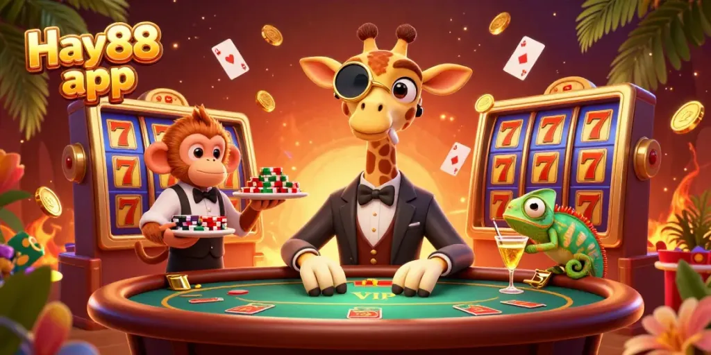 Engage with Hay88 app's exciting features, featuring a giraffe at a VIP poker table surrounded by slot reels.