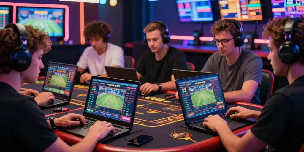 Engaged players enjoying red88's online betting experience with vibrant screens and lively atmosphere.