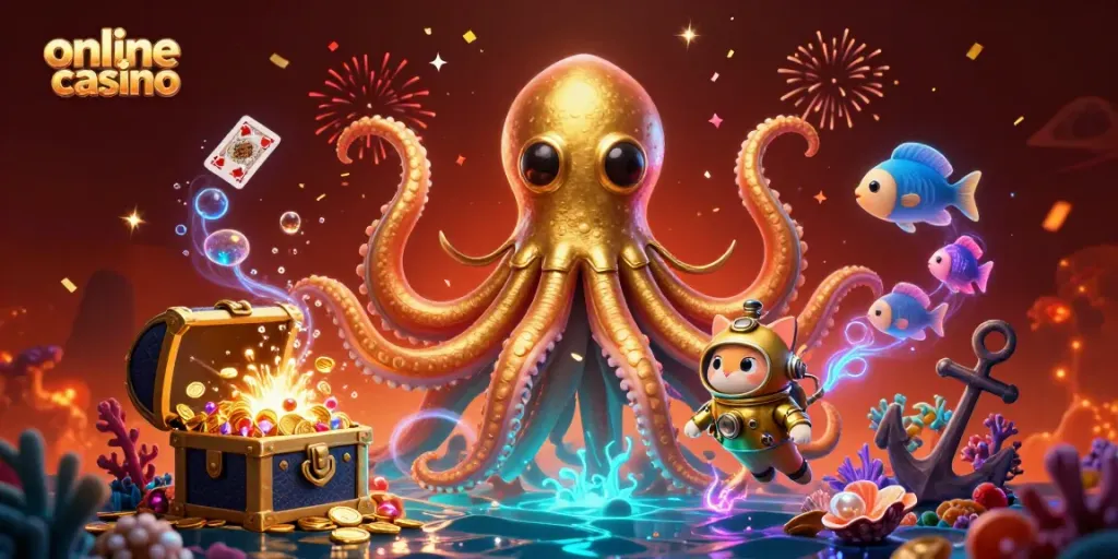 Experience the thrill of an online casino with a vibrant 3D illustration featuring a kraken and diving cat amidst treasures.