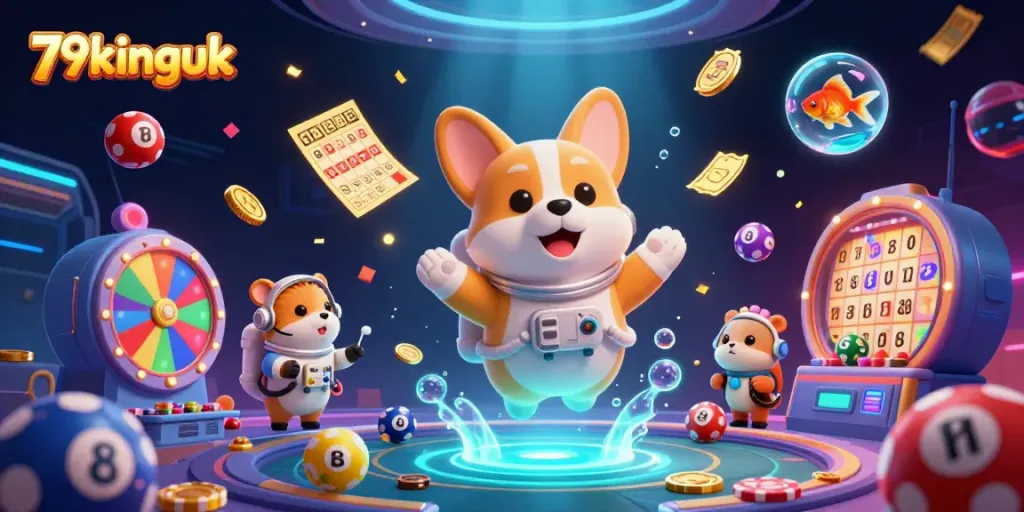 Experience the excitement of 79kinguk with a floating astronaut corgi in a cosmic casino filled with lottery balls and golden coins.