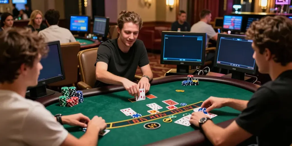 Exciting Casino En Ligne gaming scene with a player enjoying blackjack surrounded by chips and screens.