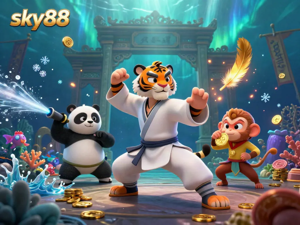 Engage with sky88's thrilling fishing games amidst an underwater adventure with playful and dynamic characters.