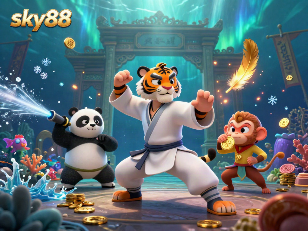 Engage with sky88's thrilling fishing games amidst an underwater adventure with playful and dynamic characters.