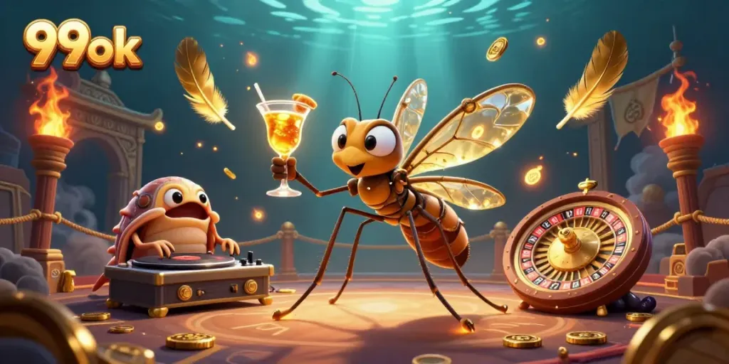 Engage with thrilling casino action through 99ok's stunning illustration featuring a frozen mosquito mascot and fossil DJs.