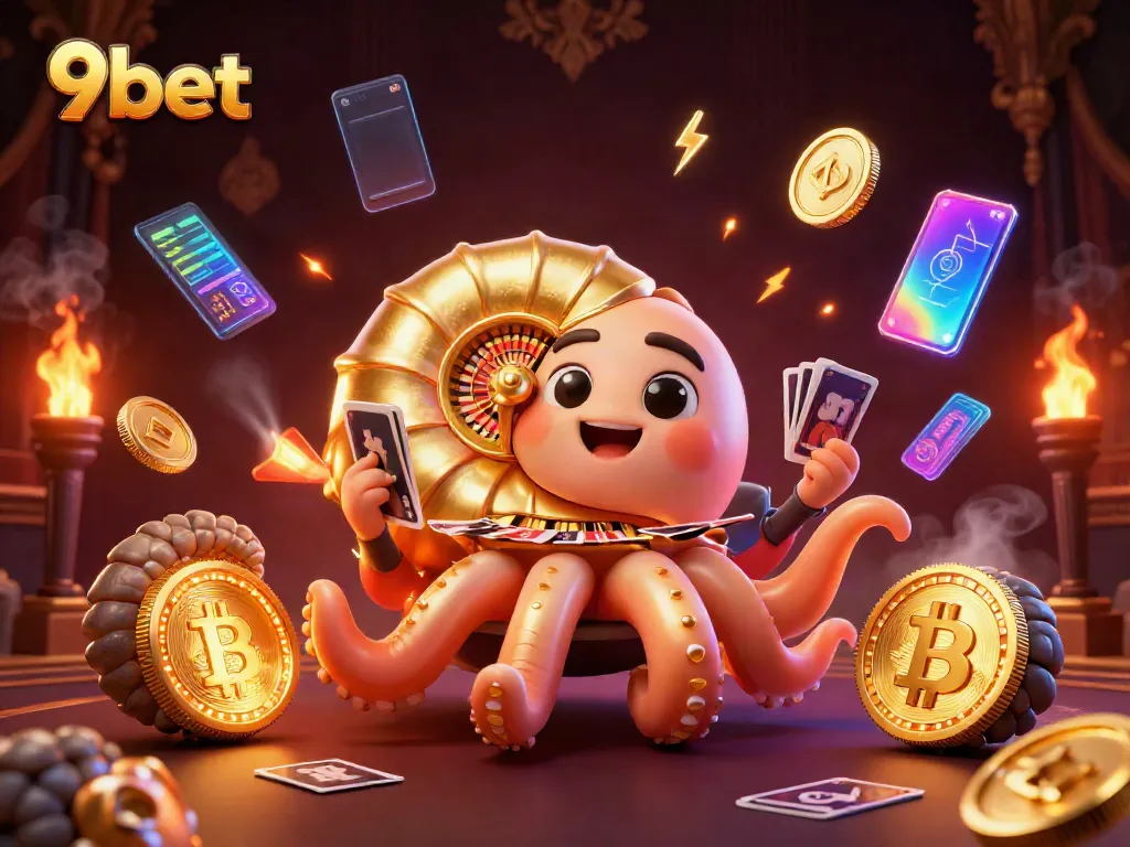 Engage in thrilling games at 9bet with illuminated cartoon characters and crypto elements in a vibrant casino atmosphere.