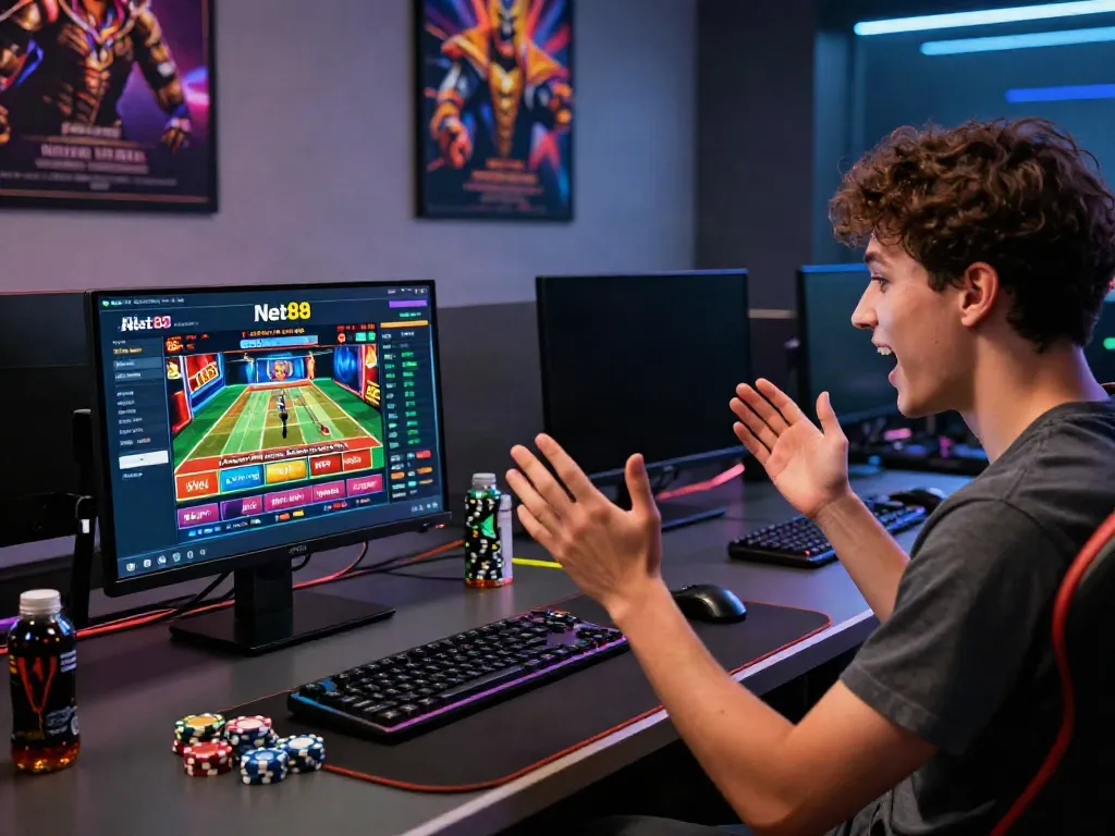 Engaged player enjoying the Net88 online gaming experience with vibrant games on display