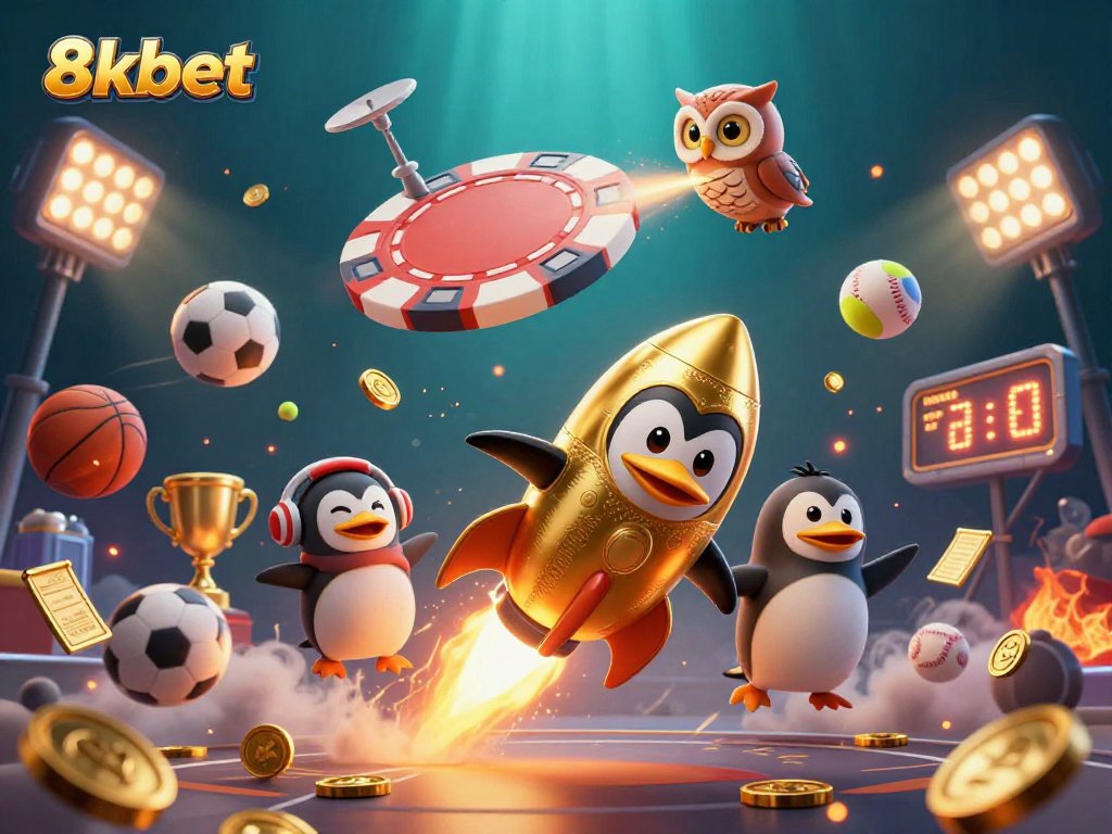 Engage with 8xbet's thrilling 3D casino illustration featuring a golden penguin soaring toward a poker chip-styled space station.