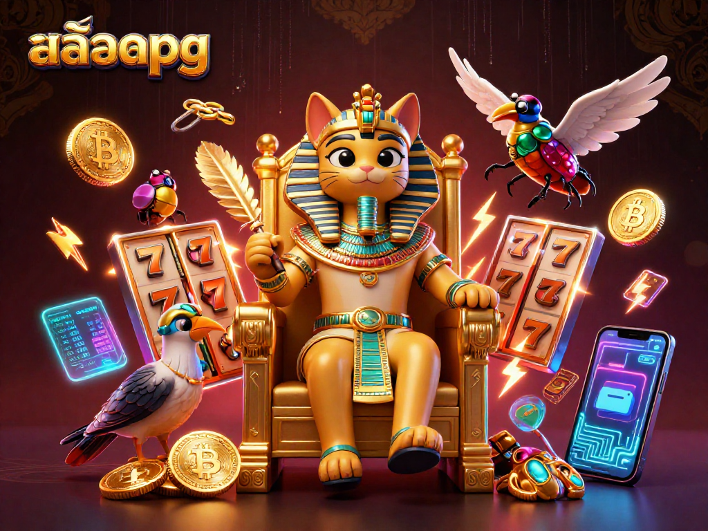 Engage with the thrilling สล็อตpg experience in a vibrant 3D casino scene featuring Egyptian-themed elements and slot icons.