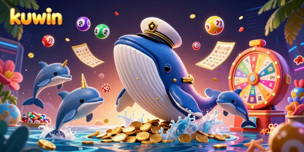 Kuwin's colorful online casino scene features a giant whale with gold epaulettes amidst vibrant game elements.