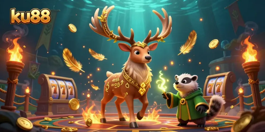 Spin the reels at ku88, featuring golden coins, a druid stag, and a badger in a vibrant casino scene.