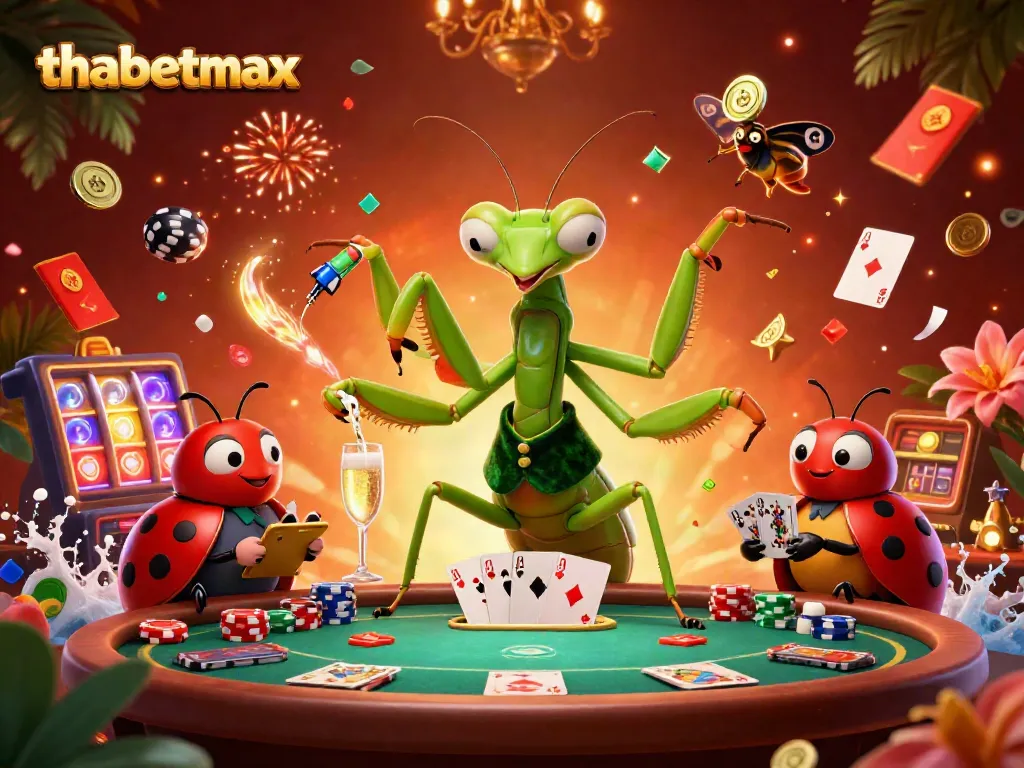 Join thabetmax for thrilling card games with a unique praying mantis dealer and enchanting visuals.