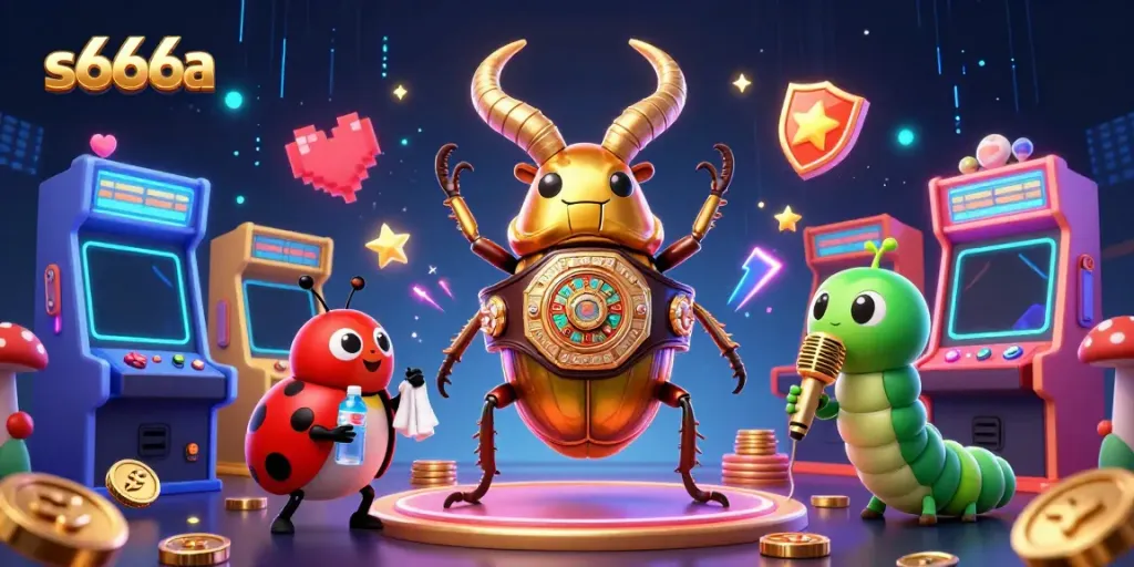 Experience thrilling gameplay with s666a, featuring a giant golden stag beetle and colorful casino themes.