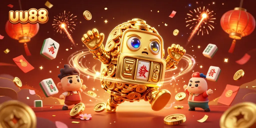 Experience the magic of uu88 with a dynamic golden golem and festive casino elements.