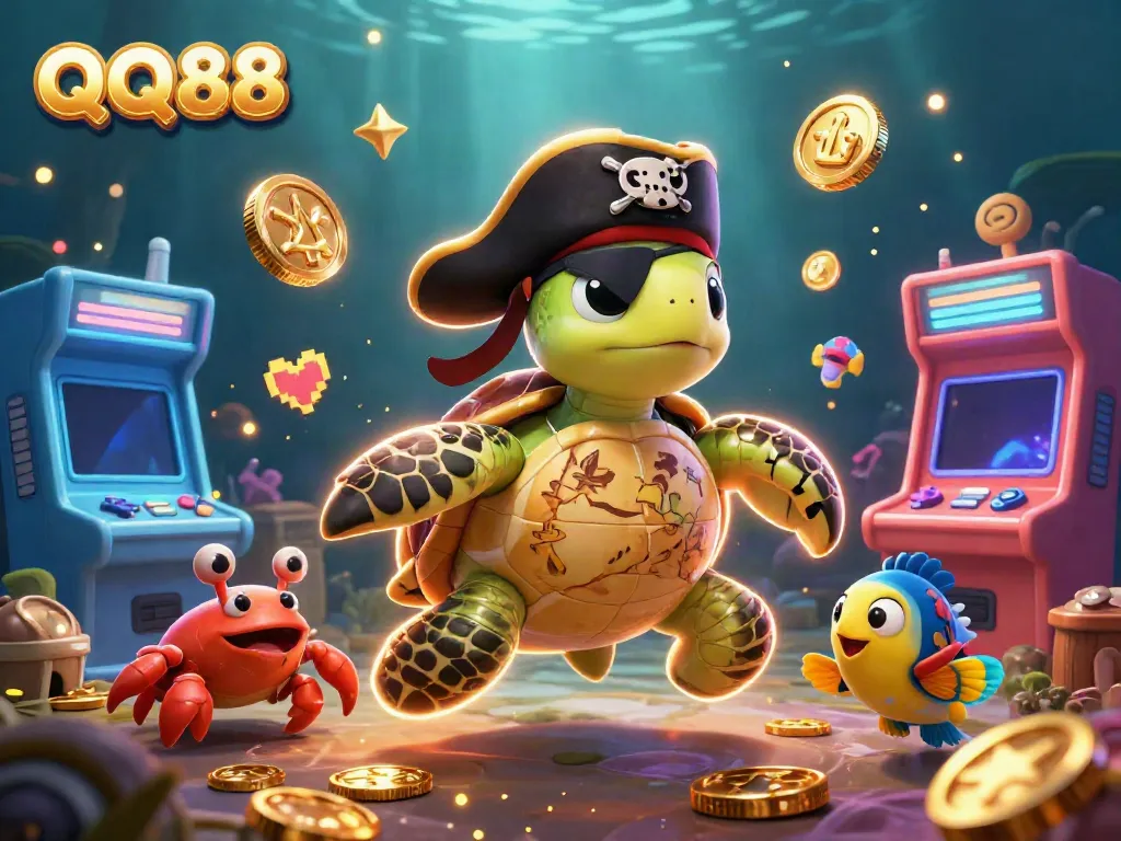 Experience thrilling gaming with the QQ88 pirate turtle, treasure, and arcade elements in a vibrant underwater scene.
