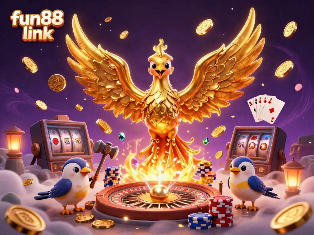 Experience the exciting fun88 link with a dynamic casino scene featuring a mythical golden phoenix and rich gaming elements.