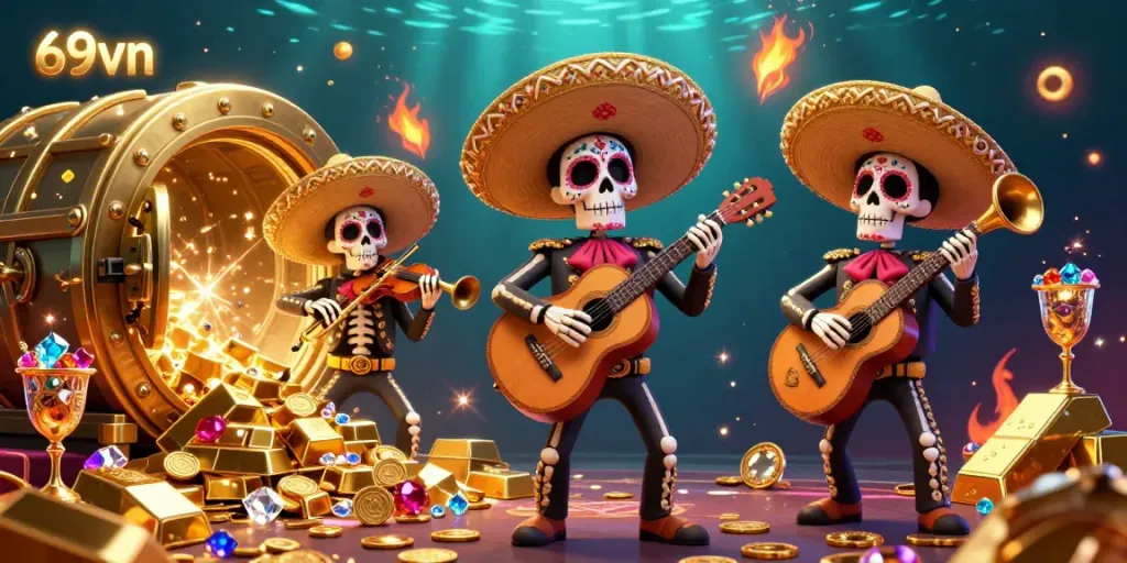 Engage in exciting gameplay with 69vn's vibrant Day of the Dead mariachi band amidst casino treasures.