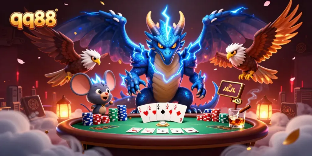 Experience thrilling qq88 action with a thunder dragon, poker scene, and electrifying characters!
